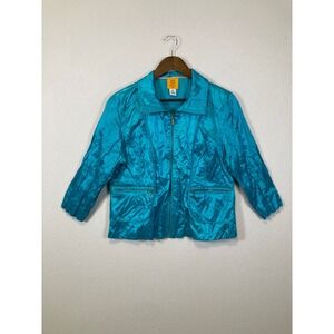 Ruby Rd Petite Turquoise Metallic Crinkle Zip Front Jacket Blue Womens 14P